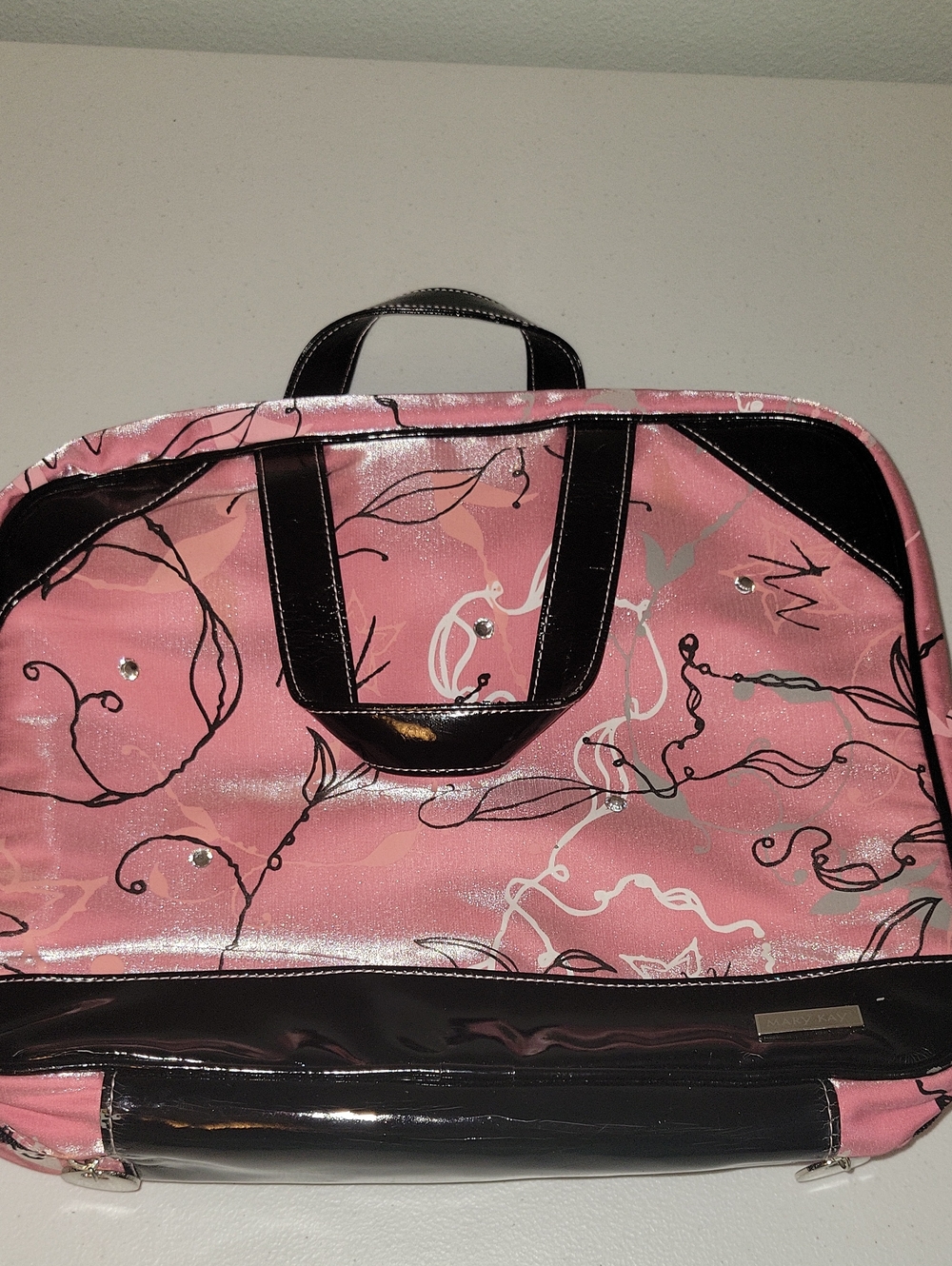 Mary Kay Pink Floral Patent Travel Bag with Black Accents
